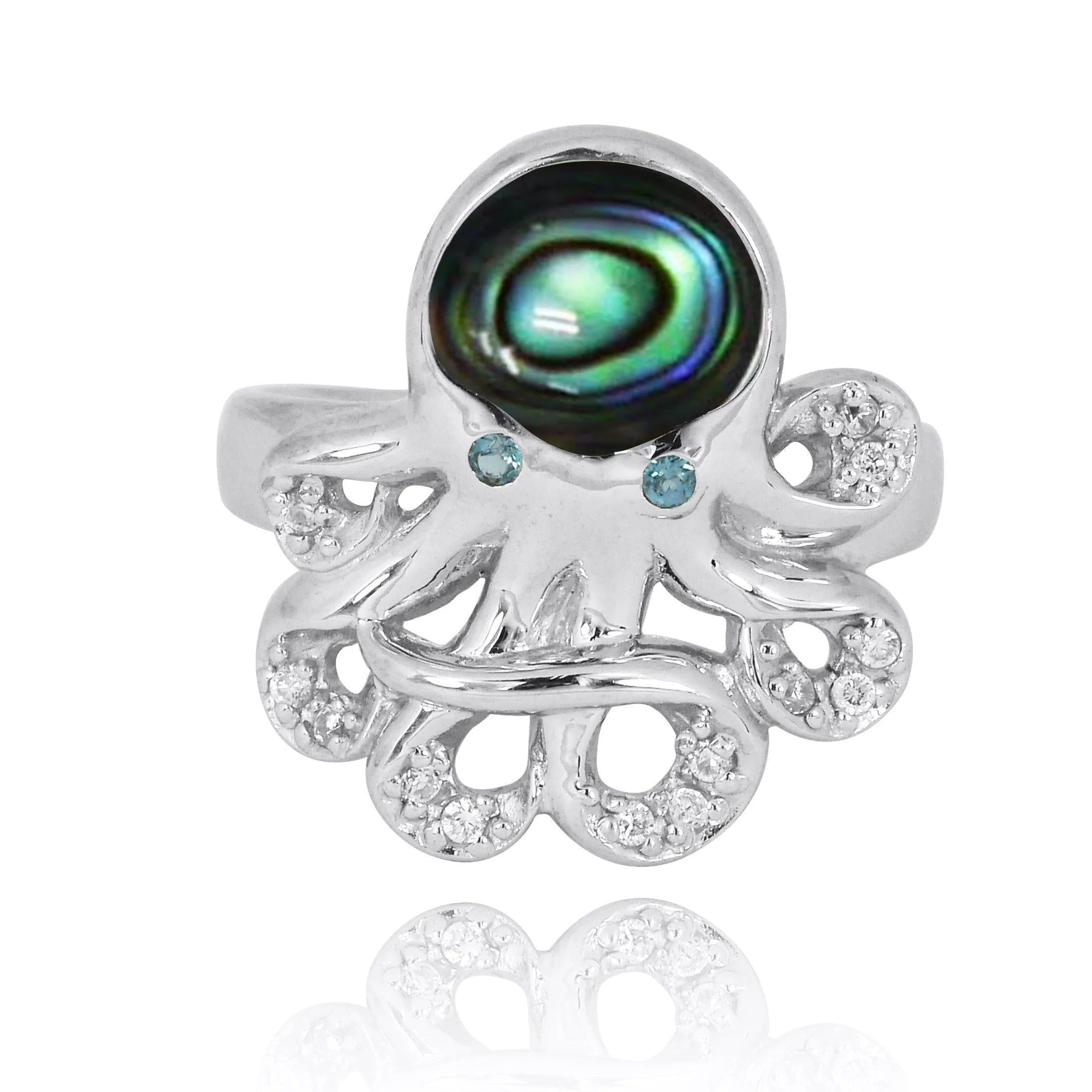 Sterling Silver Octopus with Abalone Shell and London Blue Topaz Ring