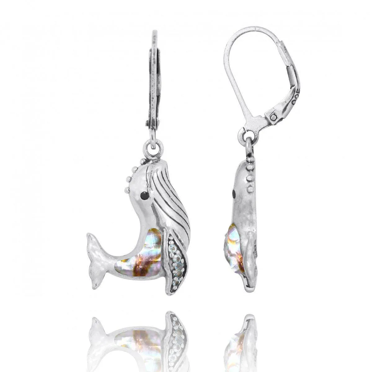 Sterling Silver Whale with Abalone Shell, London Blue Topaz and Black Spinel Lever Back Earrings