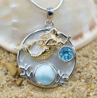 Swimming Mermaid Pendant Necklace with Larimar, Blue Topaz and Mother of Pearl Mosaic