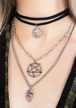 Triune 3 Layered Necklace Pentagram and Crystal