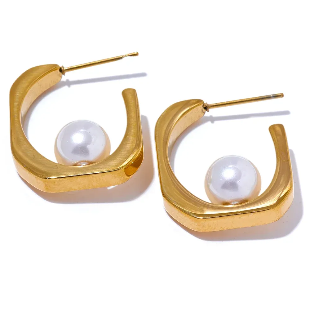 VAIGE Trendy Stainless Steel Geometric Huggie Earrings with Simulated Pearls – Fashion Statement Jewelry