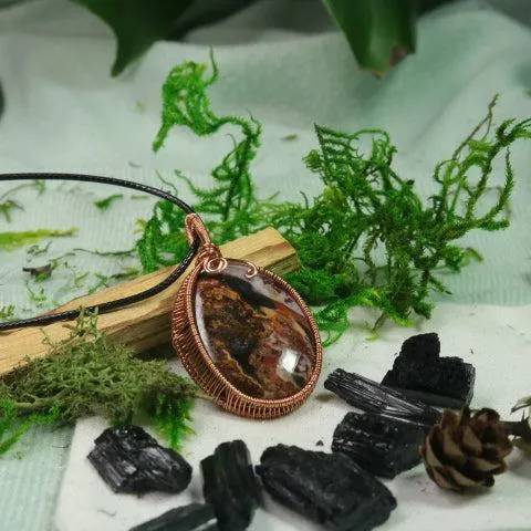 Very Unique Petrified Wood Moss in Copper Wire Wrapping~ Includes Necklace Cord