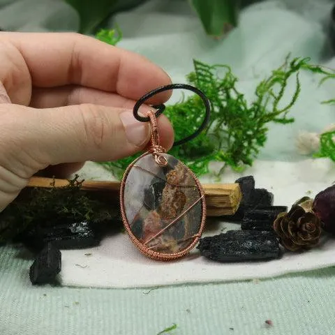 Very Unique Petrified Wood Moss in Copper Wire Wrapping~ Includes Necklace Cord