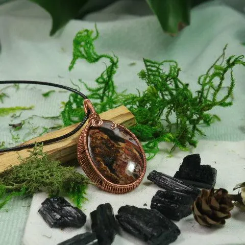 Very Unique Petrified Wood Moss in Copper Wire Wrapping~ Includes Necklace Cord