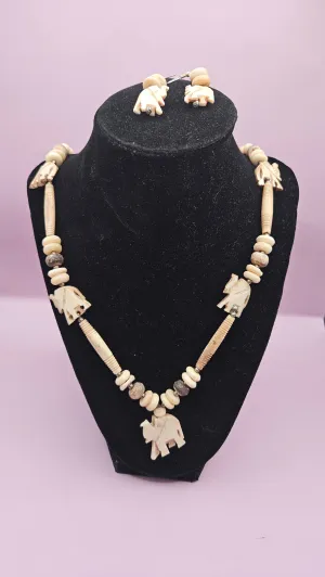 Vintage Bone Beaded Elephant Necklace and Earring Set - Necklace 13", Earrings 1.5"