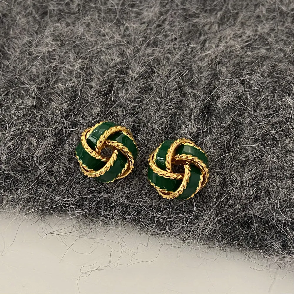 Vintage Trifari Enamel Knot Button Green Stud Earrings JLT12707