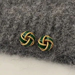 Vintage Trifari Enamel Knot Button Green Stud Earrings JLT12707