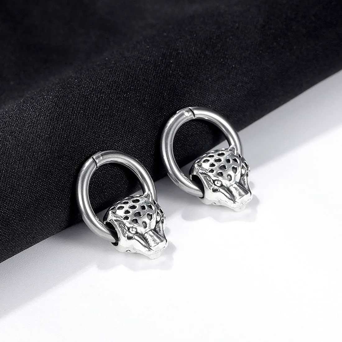 Yellow Chimes Elegant Latest Fashion Stainless Steel Leopard Head Design Silver Hoops Earrings for Men and Women, Medium (YCFJER-421HEAD-SL)